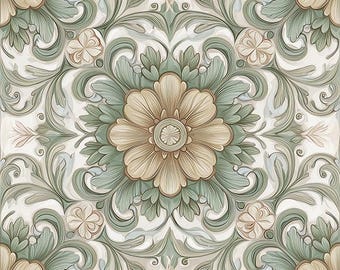 2046 -Meadow Blossom-Green Beige Floral Ceramic Tile Botanical Kitchen Backsplash, Cottage Bathroom Wall Tile, Vintage Patterned Accent Tile