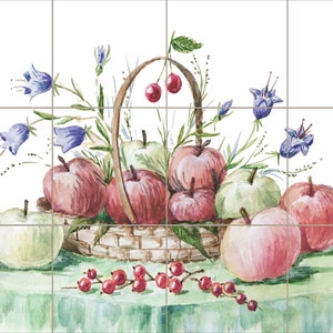 1801 -Fruit & Floral Basket Mural -12x18 18x24 24x30 30x36 Satin finish bright white 6&quot;x6- Decorative Accent, Tile Mural, tile