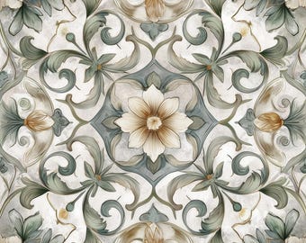 2009 - Botanical Bloom - 8x8 6x6 4.25x4.25 Floral Art Tile ,Sage Green Ivory Decorative Ceramic Tile – Vintage Garden - Kitchen Backsplash