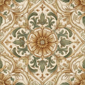 Peut inclure: Motif floral symétrique répété. Le motif présente une fleur centrale entourée de feuilles et de vignes dorées, vertes et crème. Le design rappelle le papier peint ou le tissu classique.
