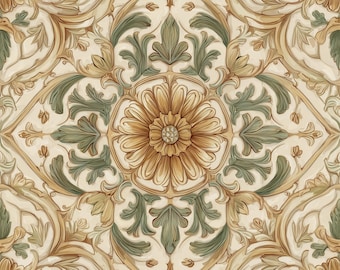 2024 - Golden Parterre -8x8 6x6 4.25x4.25 -Gloss/Satin, Gold Green Tile, Floral Tile, Kitchen Tile, Backsplash tile, Fireplace Tile, Vintage