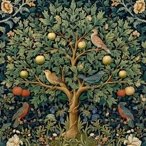 May include: A detailed illustration of a tree with green leaves, yellow apples, and red apples. Several birds of different colors are perched on the branches. The background is a dark blue with floral and leaf patterns.