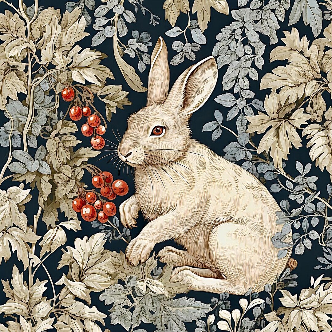 1942 - Rabbit With Red Berries and Foliage- William Morris Inspired ...
