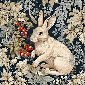 1942 - Rabbit with Red Berries  and Foliage- William Morris inspired design - Enchanted forest -Art Nouveau - Decorative accent tile