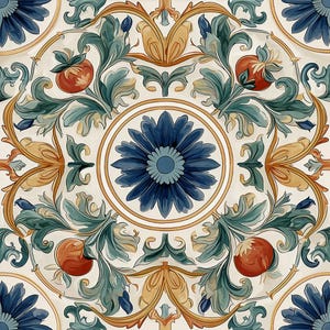 May include: A square ceramic tile featuring a symmetrical floral pattern with a central dark blue flower surrounded by scrolling teal acanthus leaves, golden yellow accents, and four round orange fruits set against a cream-colored background.