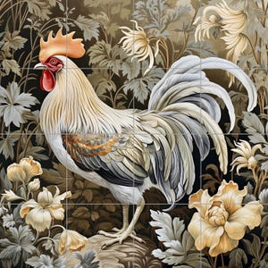 May include: A white rooster with a red comb and wattles stands in a garden with gray and brown foliage. The rooster has a long, flowing tail with gray and white feathers.