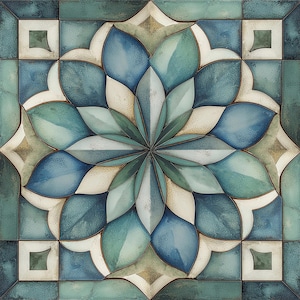 1899 - Lotus Petal-8x8 6x6 4.25x4.25 - Satin or gloss -Teal Aqua Green Blue Cream Decorative Pattern Tile -Moroccan Mediterranean,Tile mural