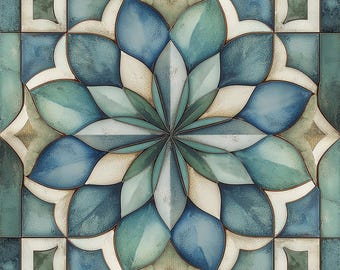 1899 - Lotus Petal-8x8 6x6 4.25x4.25 - Satin or gloss -Teal Aqua Green Blue Cream Decorative Pattern Tile -Moroccan Mediterranean,Tile mural
