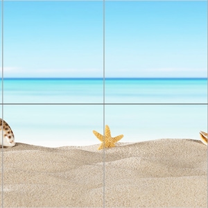 1914 -Sand, Shells & Ocean Mural - 12&quot;x 36&quot; - 12&quot;x48&quot; - 18&quot; x 60&quot;- Sea Side Mural, Sea shells-Beach Mural - 6&quot;x6&quot;  Satin finish bright White
