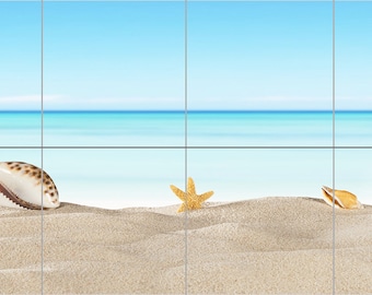 1914 -Sand, Shells & Ocean Mural - 12"x 36" - 12"x48" - 18" x 60"- Sea Side Mural, Sea shells-Beach Mural - 6"x6"  Satin finish bright White