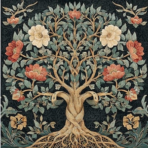 May include: A detailed illustration of a tree with intertwined branches and roots, featuring large, stylized flowers in shades of red, cream, and gold. The leaves are green, set against a dark teal background with a subtle pattern. The artwork has a vintage, botanical feel.