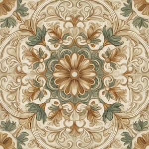 May include: An ornate, symmetrical pattern with floral and scrollwork designs in beige, brown, and green. The central focus is a large, stylized flower, surrounded by intricate, repeating motifs. The design has a decorative, detailed appearance.
