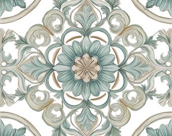 2056-Coastal Garden-Blue Green Decorative Ceramic Floral Pattern Tile traditional Kitchen Backsplash Bathroom Wall  Accent Seafoam Sage