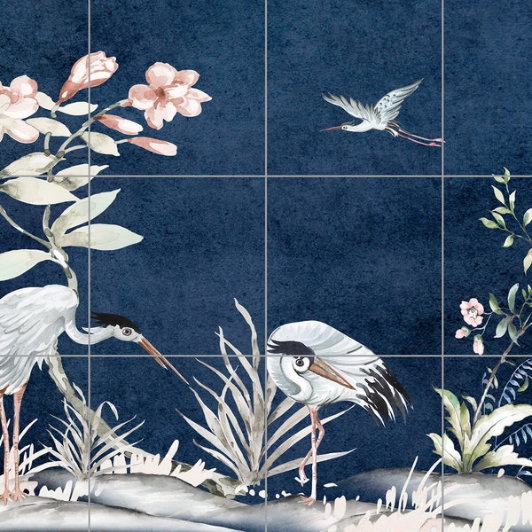 1927-2 Chinoiserie IV Dark Blue  - 6"x6" on Satin White Matte - Chinoiserie mural - 12x18 18x24 24x30 30x36 - Kitchen or Bathroom Mural