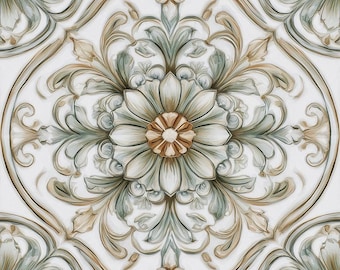 2049-Celestial Sage-Green Ceramic Tile, Floral Patterned Kitchen Backsplash, Botanical Bathroom Wall Tile, Vintage Decorative Accent Tile