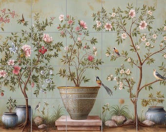 1944 - Blossom Haven Chinoiserie Mural - 30x36 24x30 18x24 12x18 - Satin White 6x6 - Vintage Tile Mural, Decorative Tile, Modern Colonial