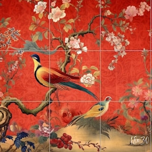 May include: A red background with a floral design featuring a tree with white flowers and three birds. The birds are yellow, orange, and brown. The text "18x30 size mural" is at the bottom of the image.