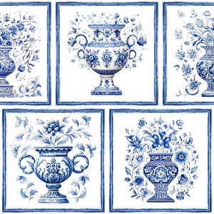 Série Bleu Deflt 5 - 5 vases bleus delft différents sur un carreau blanc mat satiné de 6 x 6 ou 4,25 x 4,25 po.  Carrelage décoratif, carreau d&#39;accent, carreau de Delft