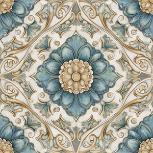 May include: Square tile with a repeating floral pattern. The design features a large blue flower with a tan center, surrounded by tan and blue scrollwork on a white background. The tile has a three-dimensional appearance.