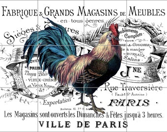 1904  Paris Rooster -sizes  12x18 18x24 24x30 30x36 - 6"x"6 Rooster Mural, tile mural, decorative tile, backsplash tile, kitchen tile,