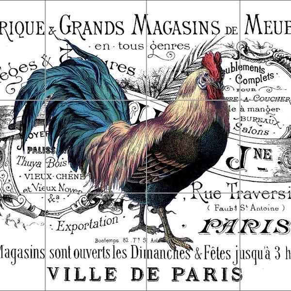 1904  Paris Rooster -sizes  8x10 12x18 18x24 24x30 30x36  - Rooster Mural, tile mural, decorative tile, backsplash tile, kitchen tile,