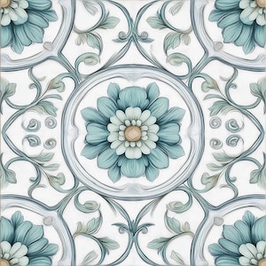 2055 - Aqua Garden - Aqua Blue Ceramic Floral Patterned Tile, Decorative Kitchen Backsplash, Bathroom Wall Accent, botanical vintage cottage