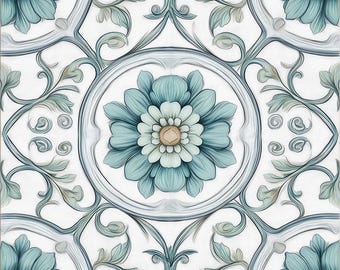 2055 - Aqua Garden - Aqua Blue Ceramic Floral Patterned Tile, Decorative Kitchen Backsplash, Bathroom Wall Accent, botanical vintage cottage