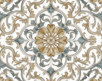 2035 - Gilded Manor - 8x8 6x6 4.25x4.25 - SAtin/Gloss - Kitchen Backsplash, Vintage Floral Tile, Fireplace tile, Bathroom, Blue Tile