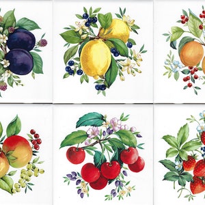 1930 - Vibrant Fruit 6pc set on Gloss  White  6&quot;x6&quot; Color tile - Fruit tile - Decorative accent tile Kitchen tile