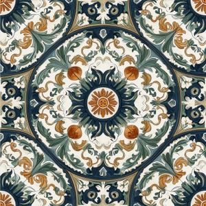 May include: A seamless pattern featuring a repeating floral design. The pattern showcases a circular motif with a central flower, surrounded by stylized leaves and orange-brown fruit-like shapes. The color palette includes navy blue, green, orange-brown, and cream.