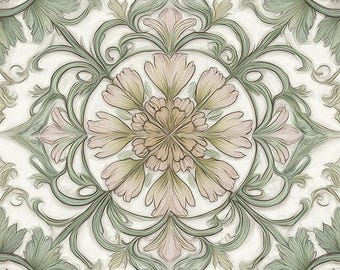 2047-Fern Elegance-Sage Green Floral Ceramic Tile, Botanical Kitchen Backsplash, Art Nouveau Bathroom Wall Tile, Vintage Cottage Accent Tile