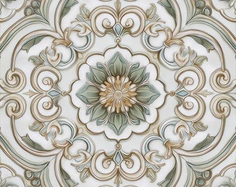 2050 - Botanical Filigree -8x8 6x6 4.25x4.25 - Satin/High Gloss - Decorative Tile, Sage Green, Kitchen Backsplash, Bathroom tile, Fireplace