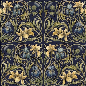 May include: A repeating floral pattern featuring stylized yellow lilies, blue irises, and green leaves on a dark blue background. The design includes thistle-like elements and curved stems, creating a symmetrical, decorative composition.