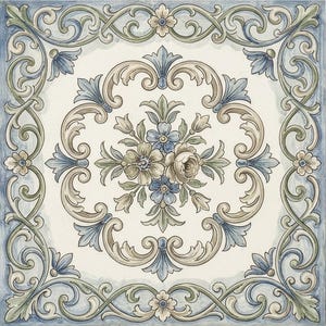 May include: Square tile with a floral and scroll design. The center features a bouquet of flowers in shades of blue, tan, and green. The border is a light blue with scrollwork and floral accents. The tile has a vintage, hand-painted appearance.