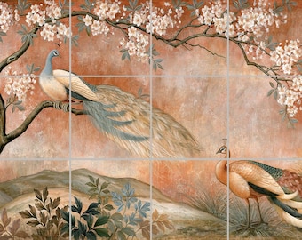 1950 - Autumn Peacock landscape - Tile Mural Peacock Kitchen Backsplash Bathroom Decorative Tile Chinoiserie Mural Botanical Ceramic Tile