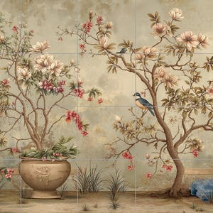 May include: A vintage mural depicting flowering trees, birds, and a decorative urn. The artwork uses a muted colour palette with beige, green, and pink tones. Birds perch on branches, creating a tranquil scene.
