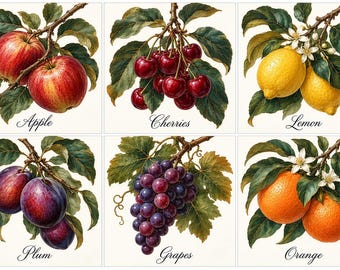 Fruit Set 1 - Fruit Ceramic Tile Set, Botanical Kitchen Backsplash, Vintage Cottage, Kitchen Decor, Apple Cherry Lemon Grape Orange Plum,