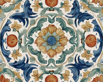 2043 -Villa Toscana-Blue Green Italian Ceramic Tile, Tuscan Kitchen Backsplash, Mediterranean Patterned Bathroom Wall Tile, Cream Accent