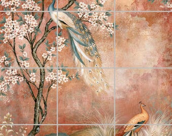 1949 -Autumn Peacock Portrait - Peacock Chinoiserie Bird Tile Mural kitchen Bathroom Backsplash Botanical  Decorative Ceramic Terracotta
