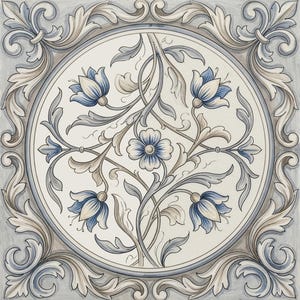 May include: Square tile with a floral design. The central motif features blue flowers and gray leaves arranged in a circular pattern. The design is framed by a border of ornate scrollwork in shades of gray and blue.