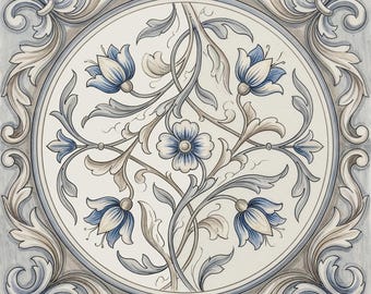 2000 -Heritage Bloom - 8x8 6x6 4.25x4.25 - Satin or gloss -Vintage antique tile -blue flower -Decorative Tile - floral pattern- ceramic tile