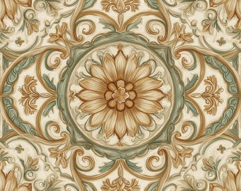 2026 - Guilded Harmony - 8x8 6x6 4.25x4.25, Satin/Gloss ,kitchen backsplash tile, Floral Tile, gold green tile, Vintage Ceramic style,