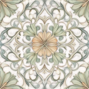 2045-Celadon Garden-Decorative Patterned Ceramic - Botanical, Garden,Sage green Tile, Floral,kitchen Backsplash, Bathroom wall, Vintage