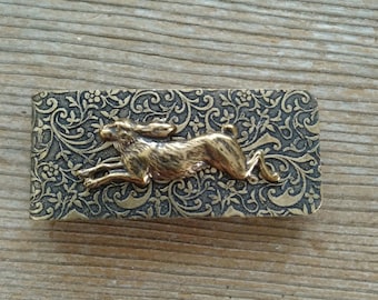 Antiqued Brass Rabbit Money Clip, Large Running Rabbit Clip, Brass Bunny Clip, Embossed Money Clip, Bronze Bunny Money Clip