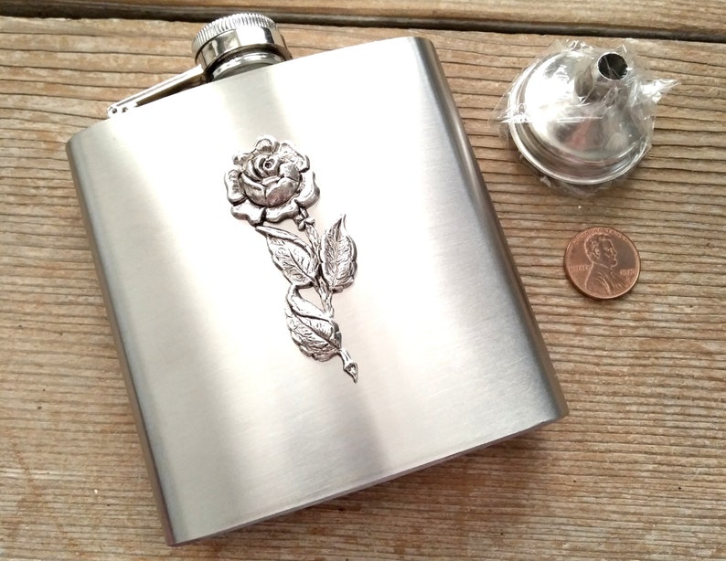 Rose Hip Flask, Antiqued Silver Rose Flask, Stainless Steel Flask, 6 oz Flask, Pocket Flask, Liquor Flask, Floral Flask, Bridesmaid Gift image 4