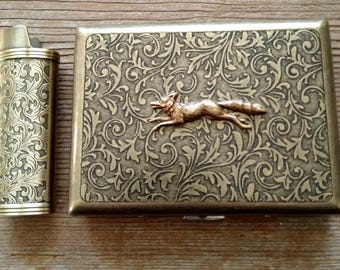 Running Fox Cigarette Case, Ornate Antiqued Brass Cigarette or Card Case