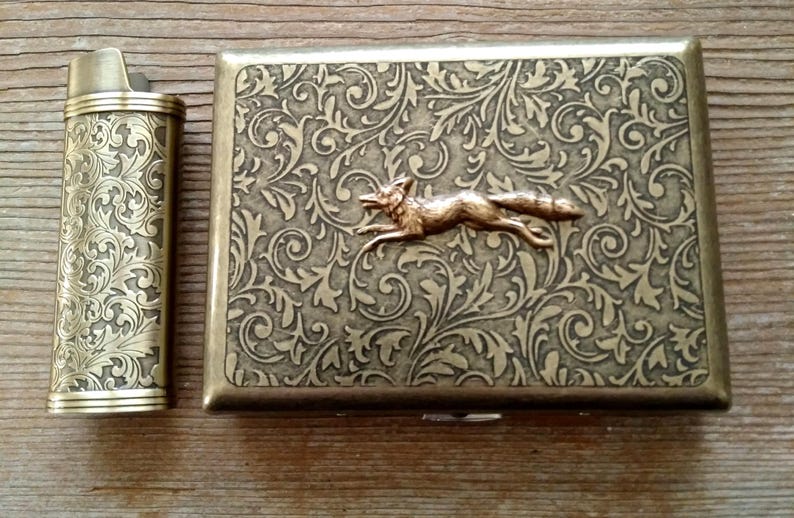 Running Fox Cigarette Case, Ornate Antiqued Brass Cigarette or Card Case image 1