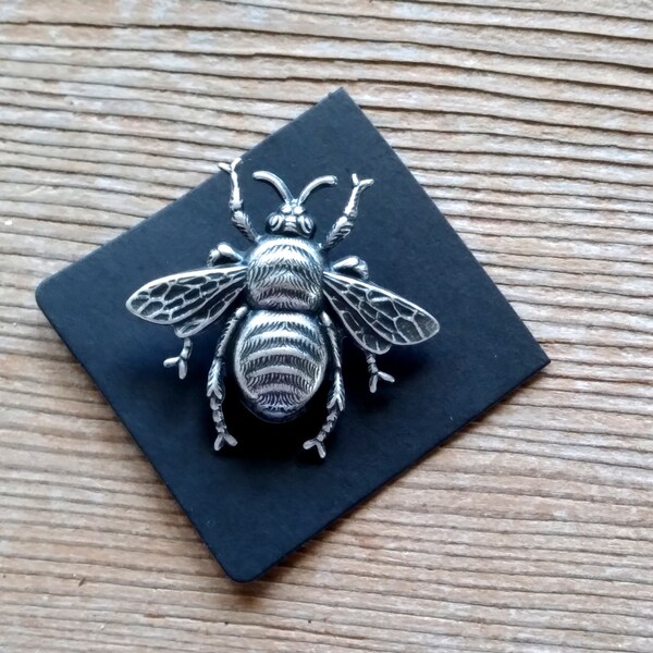 Huge Silver Bee Pin, Silver Honeybee Pin Brooch, Antiqued Silver Bee Pin, Big Bee Pin, Silver Bee Lapel Pin, Bee Tie Tack, Bee Gift