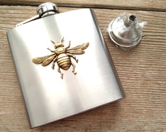 Gold and Silver Bee Hip Flask, Gold Bee Flask, Stainless Steel Flask, 6 oz Flask, Pocket Flask, Liquor Flask, Flying Bee Flask,