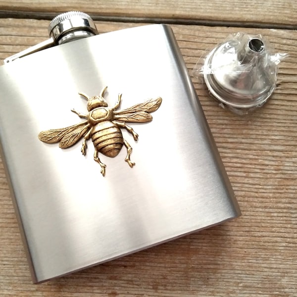 Gold and Silver Bee Hip Flask, Gold Bee Flask, Stainless Steel Flask, 6 oz Flask, Pocket Flask, Liquor Flask, Flying Bee Flask,